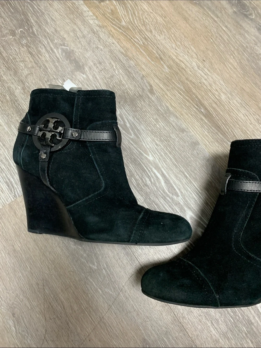 Tory Burch Black Suede Wedge Booties with Logo Harness Accent